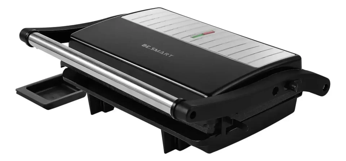 Grill elétrico preto e inox com coletor de gordura