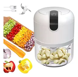 Mini processador de alimentos elétrico branco com recipiente transparente